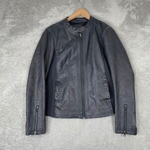 Sebby Collection Moto Jacket Womens Medium Blue Faux Leather‎ Ribbed Biker Y2K